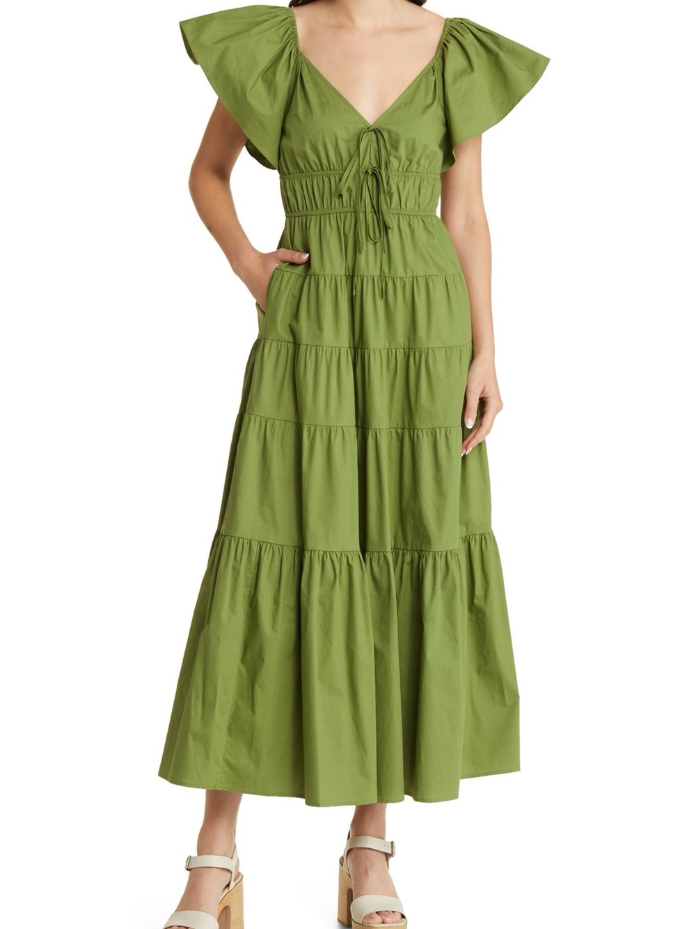 Moon River Flutter Sleeve Tiered Stretch Cotton Maxi Dress